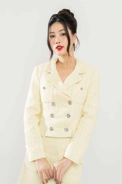 Sixdo Light Yellow Cropped Tweed Vest